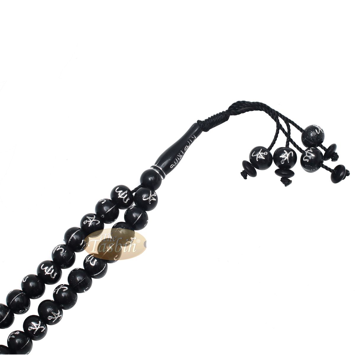 Large Black Plastic 10 mm Islamic Tasbih with Silver Allah Muhammad Prayer Beads