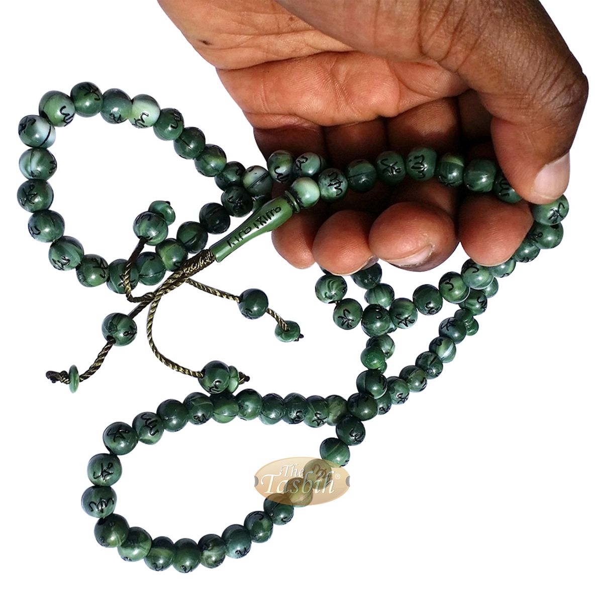Large Marble Green Plastic 10 mm Islamic Tasbih Black Allah Muhammad Prayer Beads