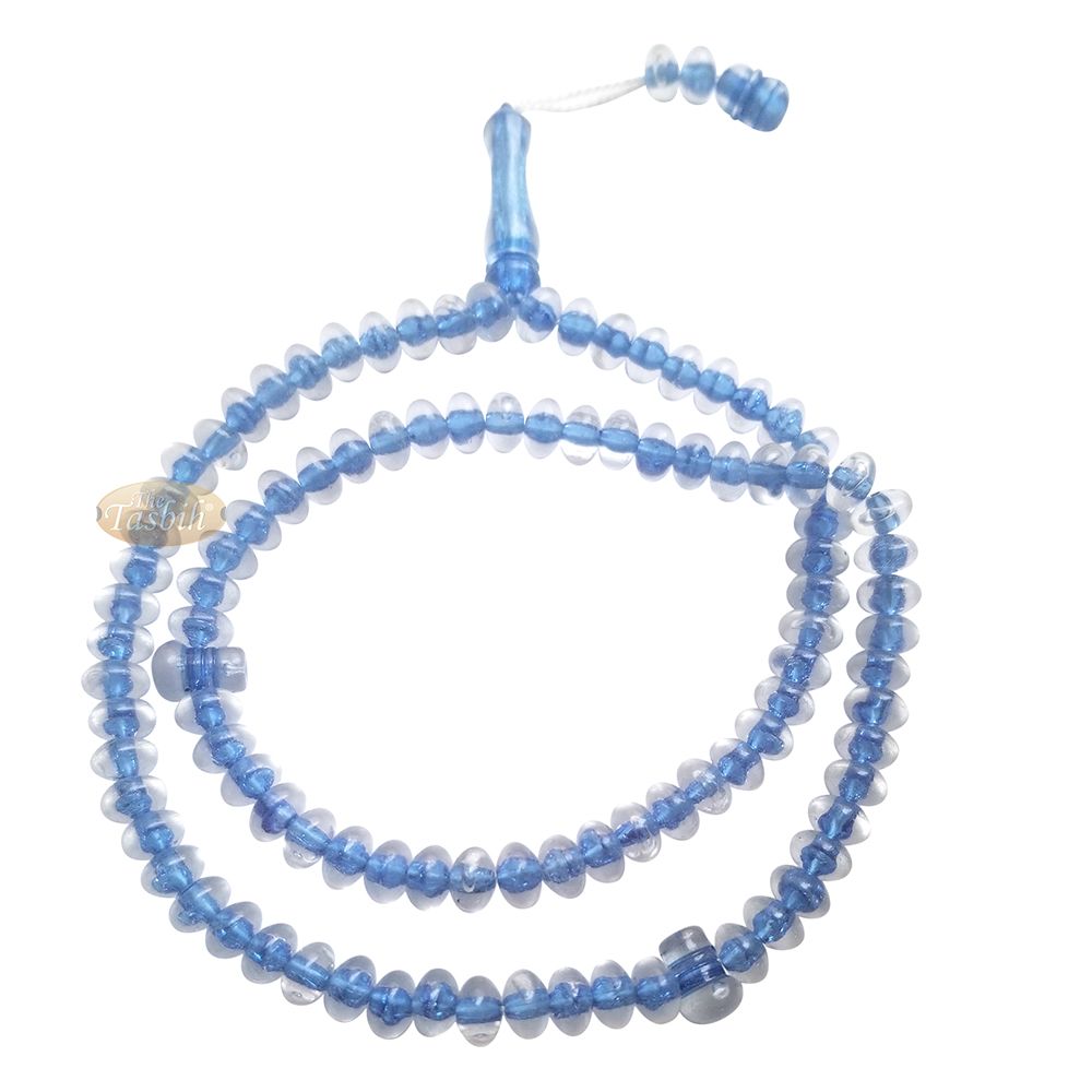 Muslim Dhikr Beads – Medium-Size Translucent Blue 8×5 mm Simple Plastic 99-Bd Islamic Prayer Tasbeeh Dhikr Salat 20-inch Misbaha Knob Ends
