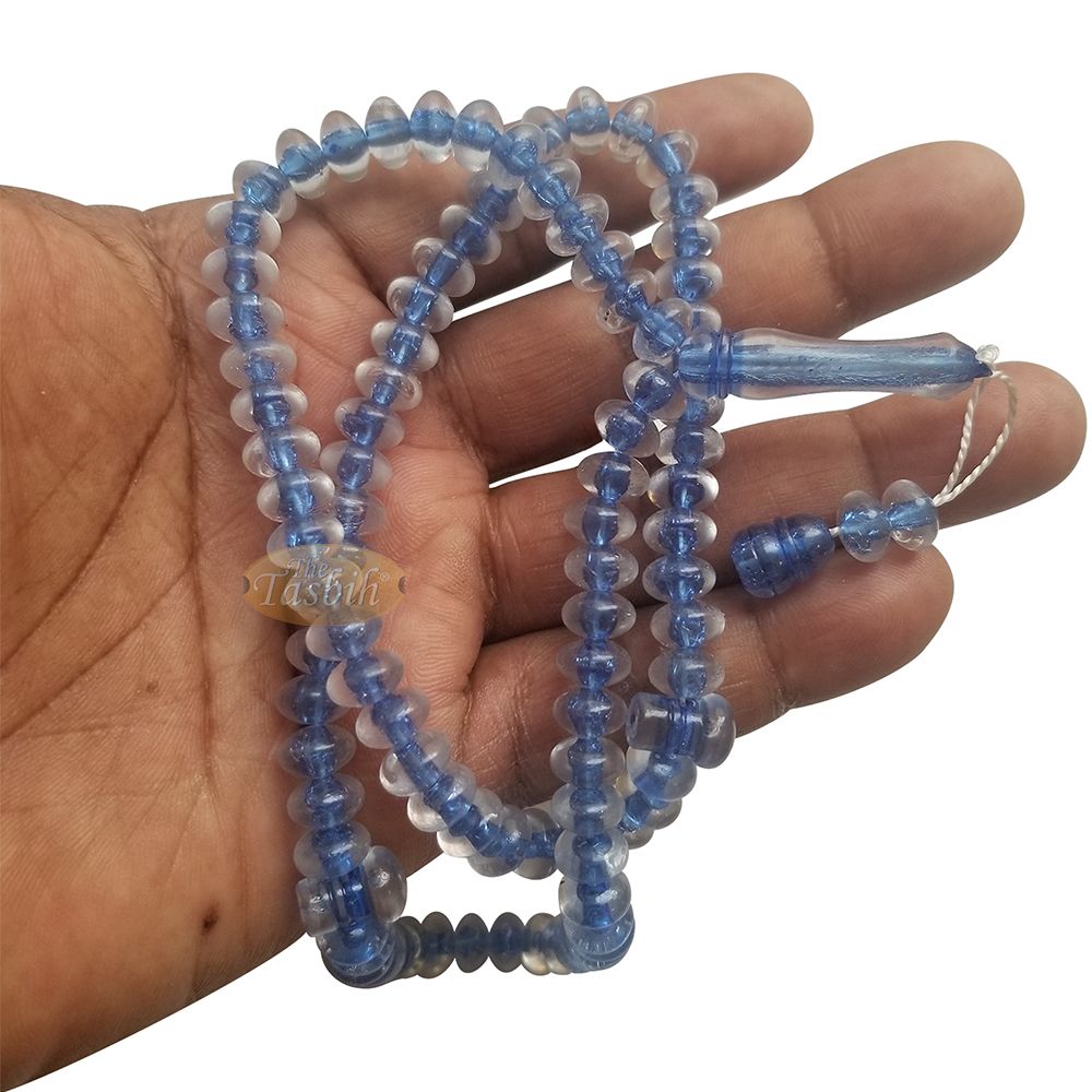 Muslim Dhikr Beads – Medium-Size Translucent Blue 8×5 mm Simple Plastic 99-Bd Islamic Prayer Tasbeeh Dhikr Salat 20-inch Misbaha Knob Ends