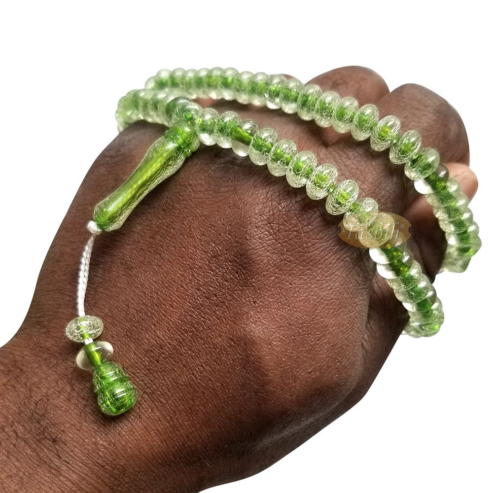 Muslim Dhikr Beads – Medium-Size Translucent Green 8×5 mm Simple Plastic 99-Bd Islamic Prayer Tasbeeh Dhikr Salat 20-inch Misbaha Knob Ends