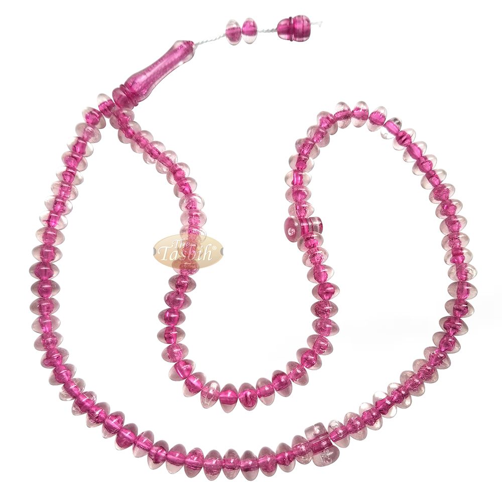 Muslim Dhikr Beads – Medium-Size Translucent Pink 8×5 mm Simple Plastic 99-Bd Islamic Prayer Tasbeeh Dhikr Salat 20-inch Misbaha Knob Ends