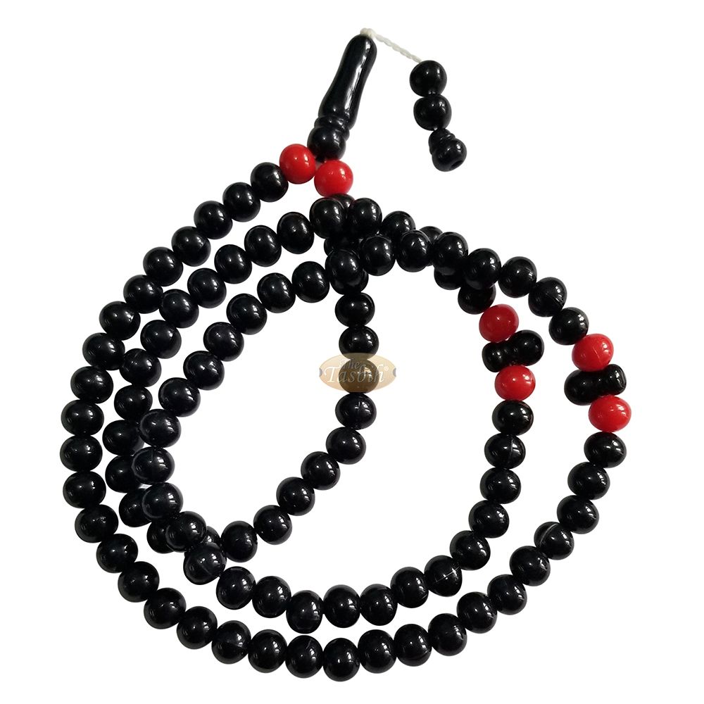 Med-Size Black Plastic Sufi Tasbih 6×8 mm Beads with Red Accent Beads