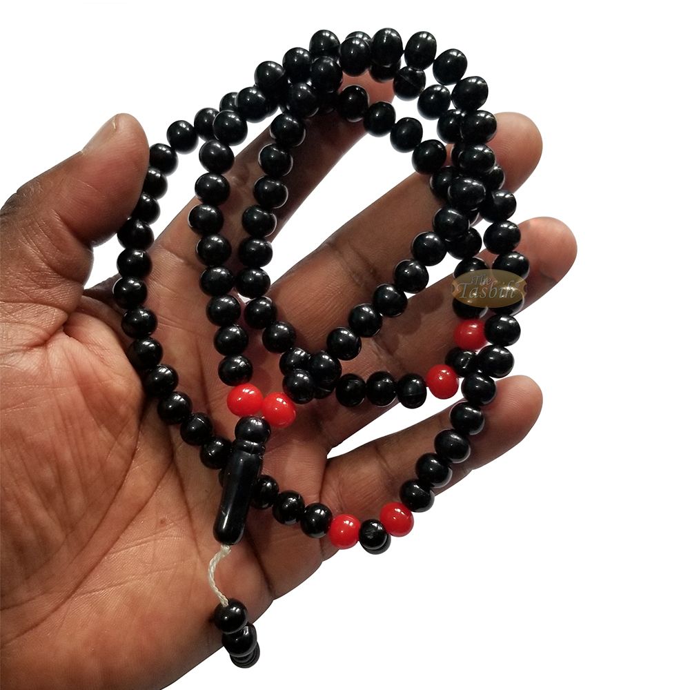 Med-Size Black Plastic Sufi Tasbih 6×8 mm Beads with Red Accent Beads