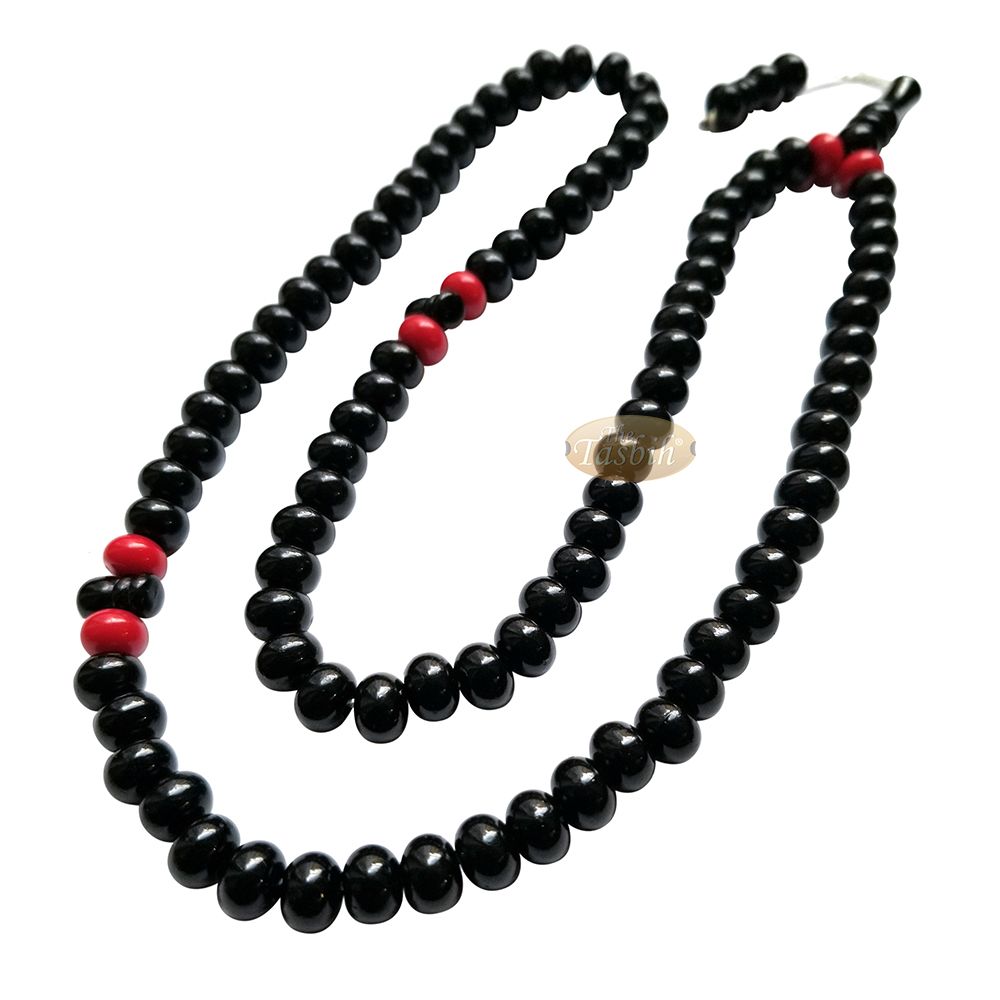 Large Durable Black Plastic Tasbih with Oval 9 mm Beads – Sturdy Rosary – 6 Red Accent Beads