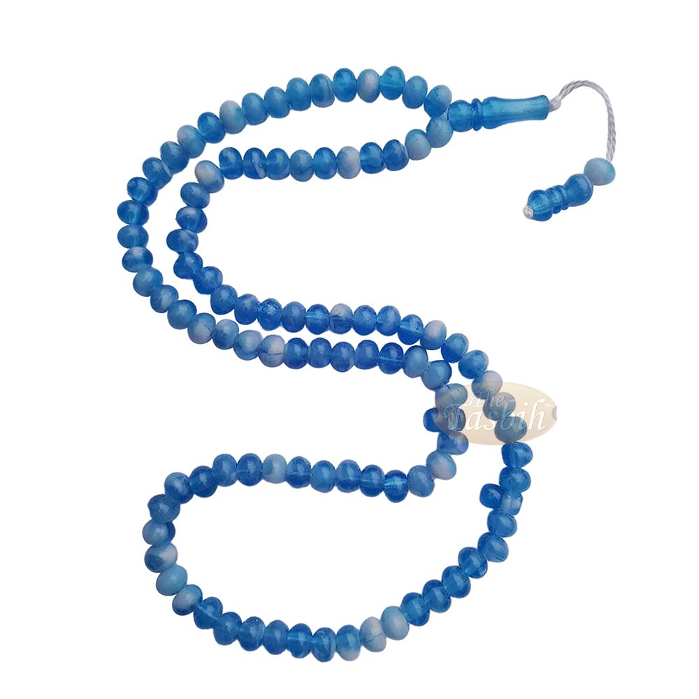 Prayer Beads – Plain Blue 9×8 Simple 99-Bead Horizontal Oval Plastic Tasbih Sibha Misbaha with Knob Stop Above Alif