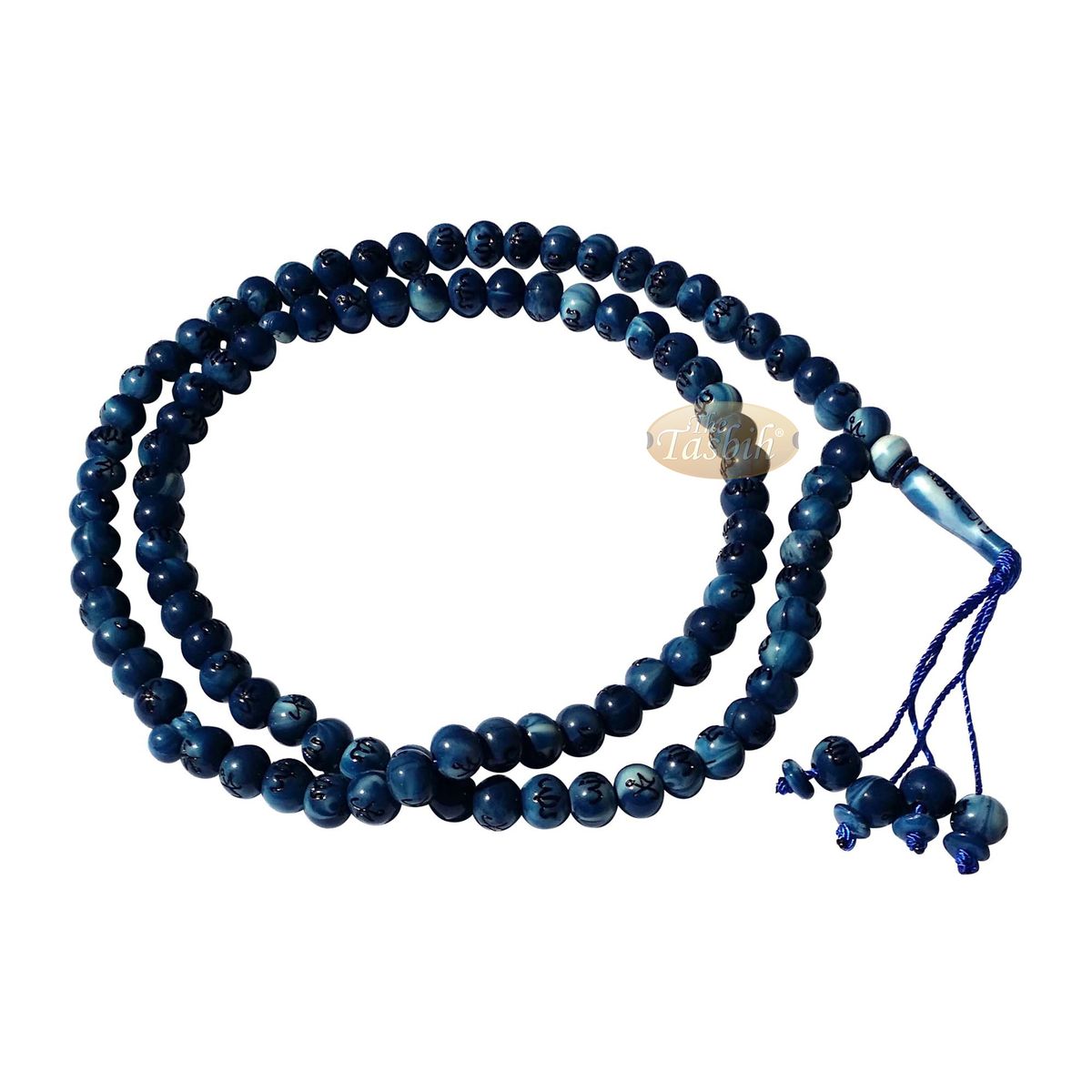 Large Marble Blue Plastic 10 mm Islamic Tasbih Black Allah Muhammad Prayer Beads