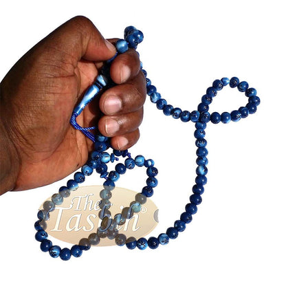 Large Marble Blue Plastic 10 mm Islamic Tasbih Black Allah Muhammad Prayer Beads