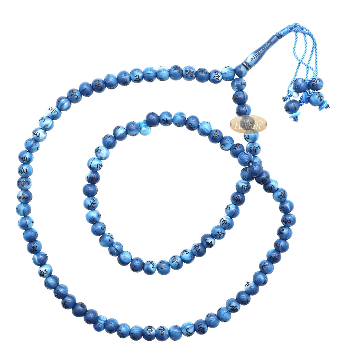 Large Marble Blue Plastic 10 mm Islamic Tasbih Black Allah Muhammad Prayer Beads