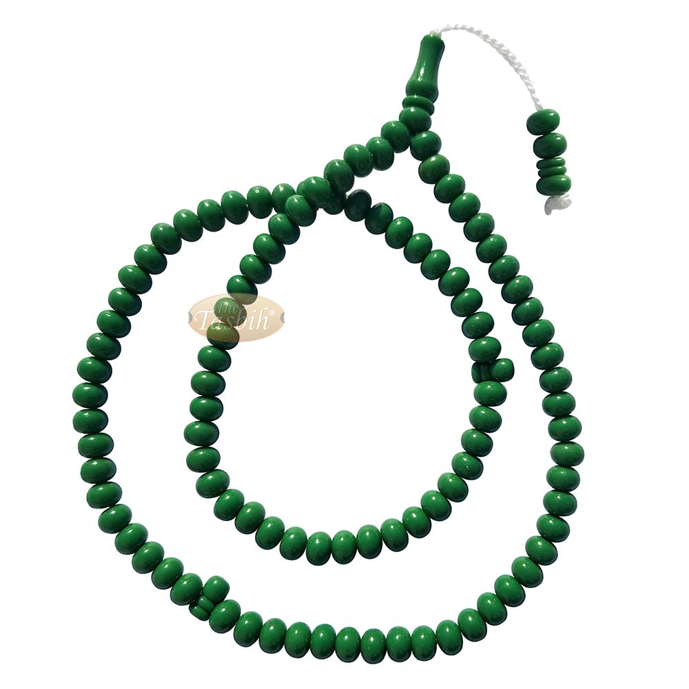 Islamic Subha Beads, Medium-Size Green Hard Monomer 7×8 mm Simple 26-inch Muslim 99-Bd Tasbeeh Sibha Misbaha Dhikr and Prayer Necklace