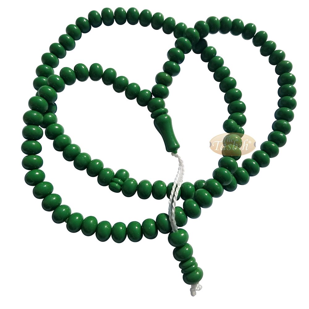 Islamic Subha Beads, Medium-Size Green Hard Monomer 7×8 mm Simple 26-inch Muslim 99-Bd Tasbeeh Sibha Misbaha Dhikr and Prayer Necklace