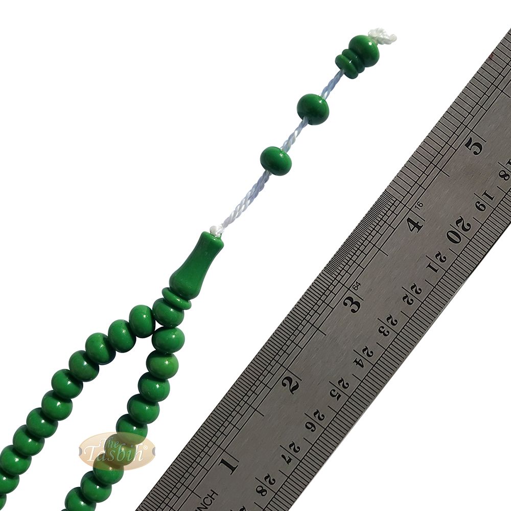 Islamic Subha Beads, Medium-Size Green Hard Monomer 7×8 mm Simple 26-inch Muslim 99-Bd Tasbeeh Sibha Misbaha Dhikr and Prayer Necklace