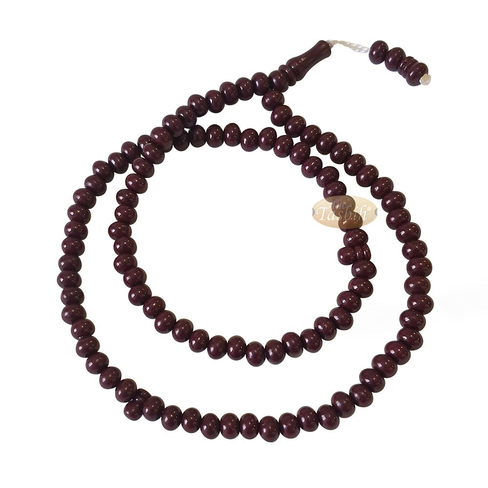 Islamic Subha Beads, Medium-Size Maroon Hard Monomer 7×8 mm Simple 26-inch Muslim 99-Bd Tasbeeh Sibha Misbaha Dhikr and Prayer Necklace