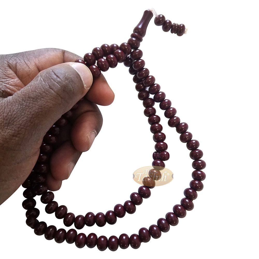 Islamic Subha Beads, Medium-Size Maroon Hard Monomer 7×8 mm Simple 26-inch Muslim 99-Bd Tasbeeh Sibha Misbaha Dhikr and Prayer Necklace