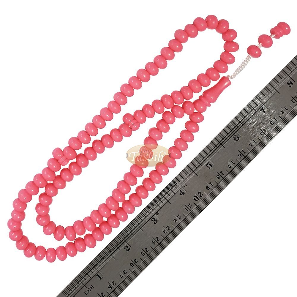 Islamic Subha Beads, Medium-Size Pink Hard Monomer 7×8 mm Simple 26-inch Muslim 99-Bd Tasbeeh Sibha Misbaha Dhikr and Prayer Necklace