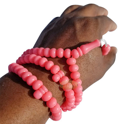 Islamic Subha Beads, Medium-Size Pink Hard Monomer 7×8 mm Simple 26-inch Muslim 99-Bd Tasbeeh Sibha Misbaha Dhikr and Prayer Necklace