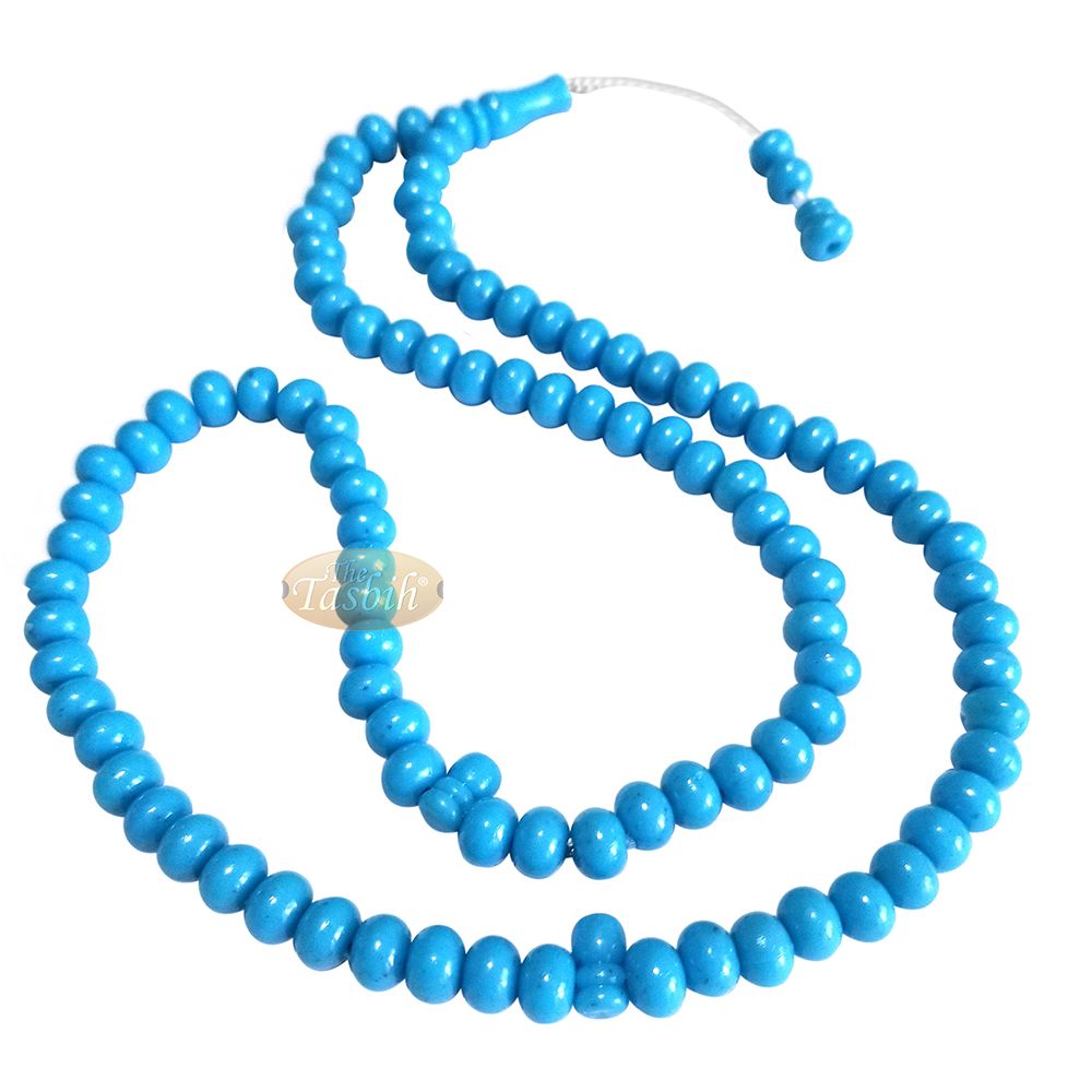 Islamic Subha Beads, Medium-Size Turquoise Hard Monomer 7×8 mm Simple 26-inch Muslim 99-Bd Tasbeeh Sibha Misbaha Dhikr and Prayer Necklace