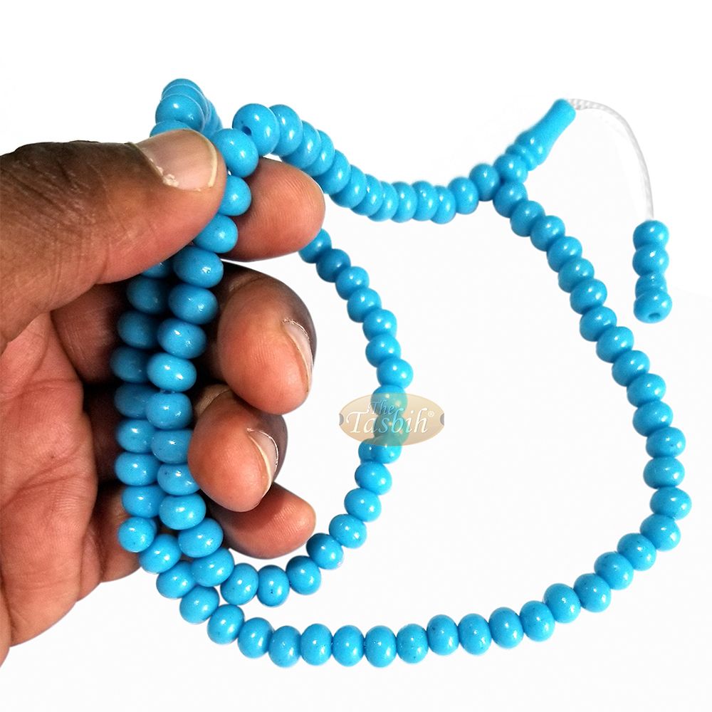 Islamic Subha Beads, Medium-Size Turquoise Hard Monomer 7×8 mm Simple 26-inch Muslim 99-Bd Tasbeeh Sibha Misbaha Dhikr and Prayer Necklace