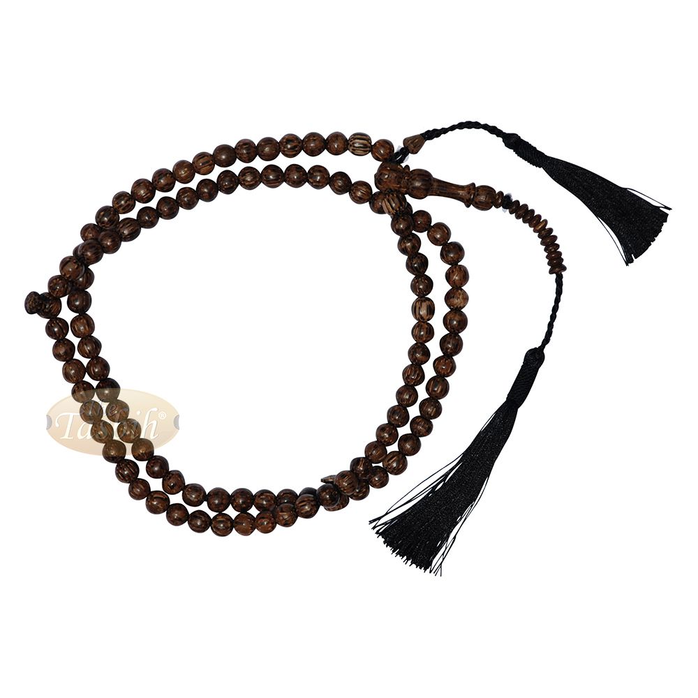8 mm Exotic Sugar Palm Wood Tasbih with Black Tassel and 10 Flat Saucer Beads Above Alif & Space Marker
