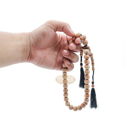 Sandalwood Prayer Beads 10 mm Rosary 33-Bead with Black Copper-Decorated Tassels