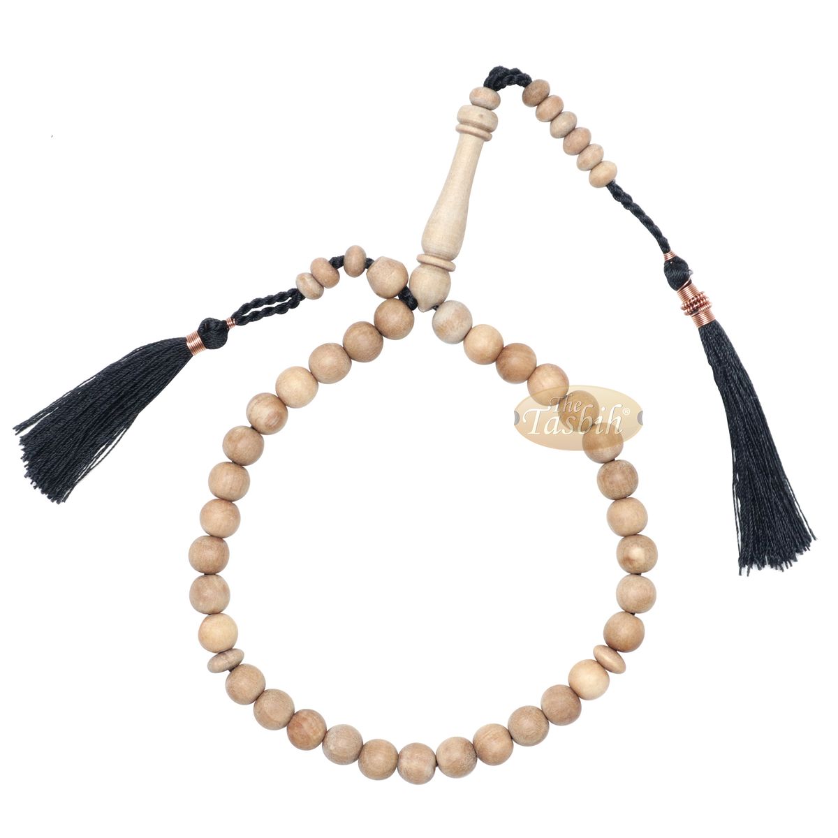Small 8 mm 33-Bead Sandalwood Tasbih with Black Copper-Decorated Tassels