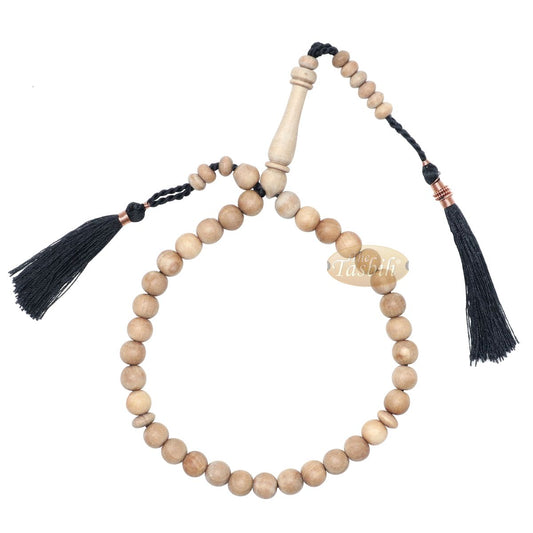 Small 8 mm 33-Bead Sandalwood Tasbih with Black Copper-Decorated Tassels