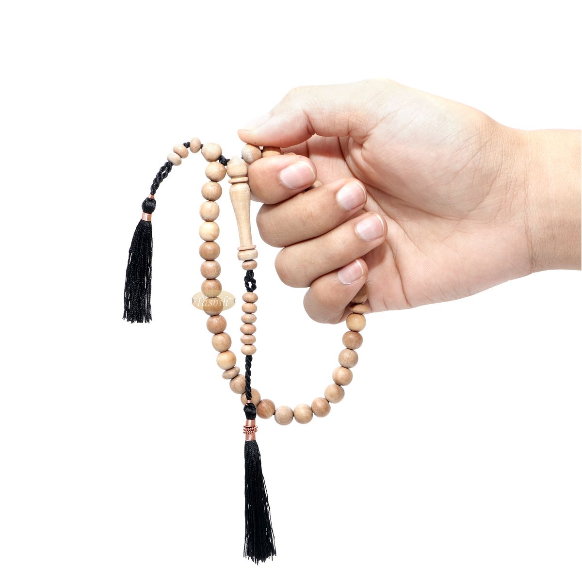 Small 8 mm 33-Bead Sandalwood Tasbih with Black Copper-Decorated Tassels
