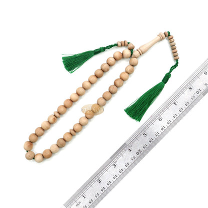 Sandalwood 33-Bead Tasbih Prayer Beads 10 mm with 2 Madinah Green Tassels