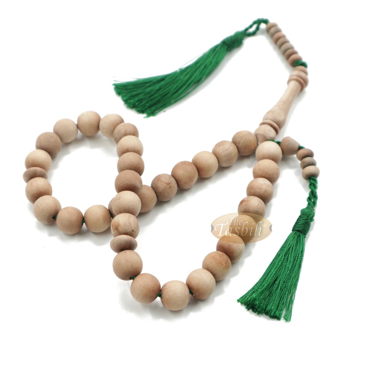 Sandalwood 33-Bead Tasbih Prayer Beads 10 mm with 2 Madinah Green Tassels
