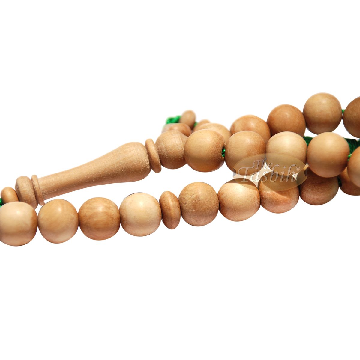 Sandalwood 33-Bead Tasbih Prayer Beads 10 mm with 2 Madinah Green Tassels