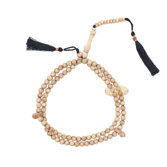 Sandalwood 7 mm Islamic 99-Bead Tasbih Sibha Prayer Beads with Black Tassels