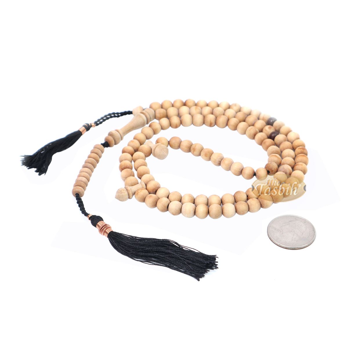Sandalwood 7 mm Tasbih Misbaha Prayer Beads Sibha with 11-Bead Marker & Black Tassels