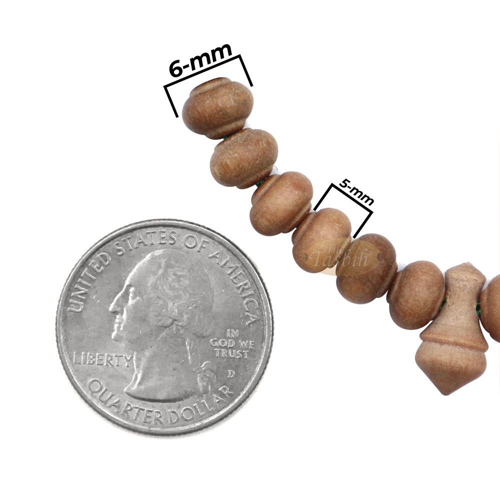 Sandalwood Prayer Beads – 6 mm- Contoured Beads Sandalwood Tasbih Prayer Beads with Green Tassels