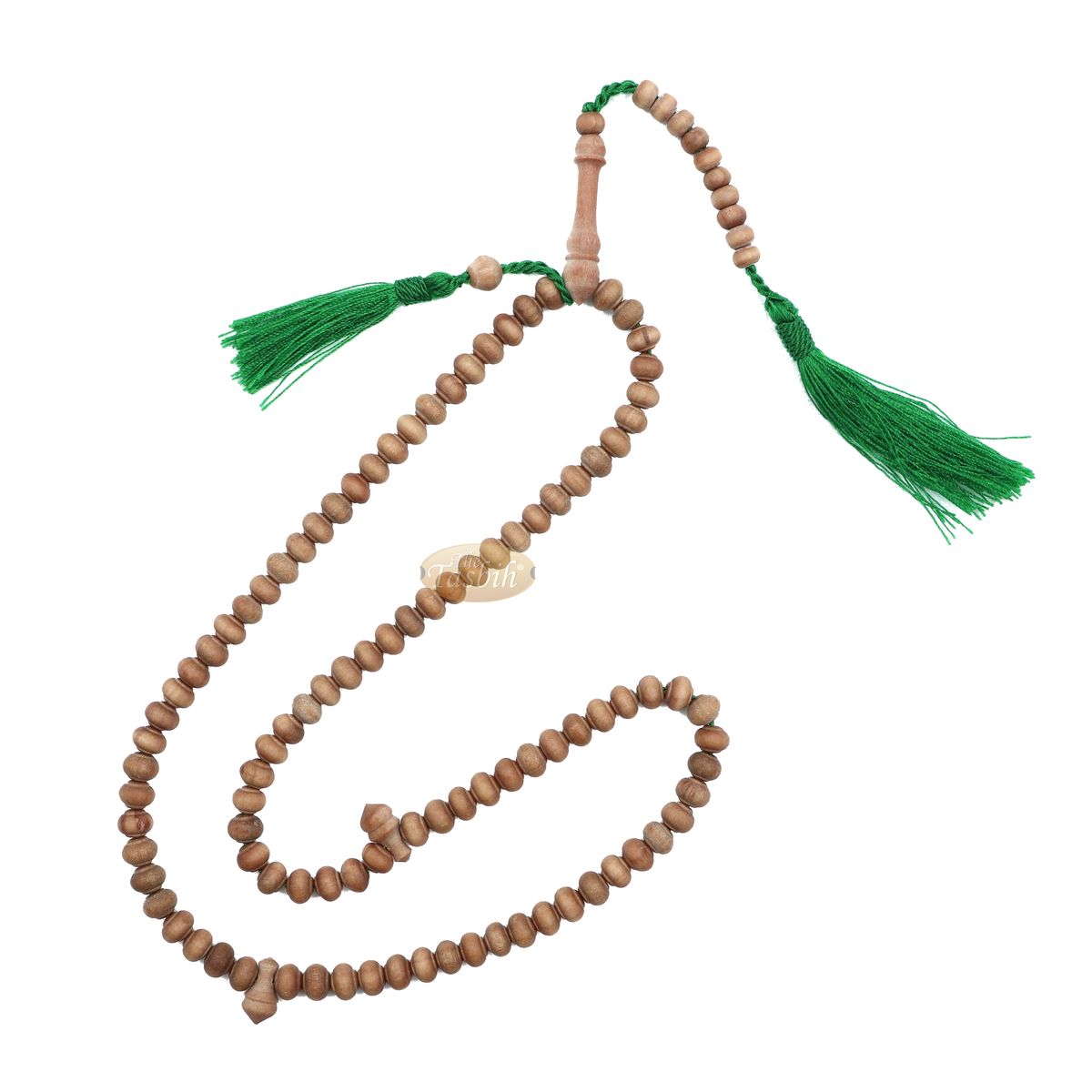 Wooden Islamic misbaha prayer beads with green tassels.