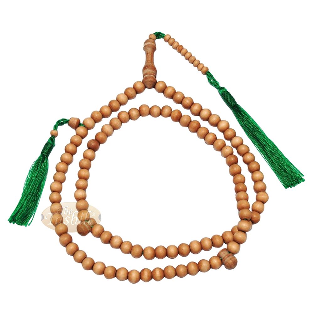 Sandalwood 8 mm Round Beads 99 Count Tasbih For Zikr Prayer Green Tassels
