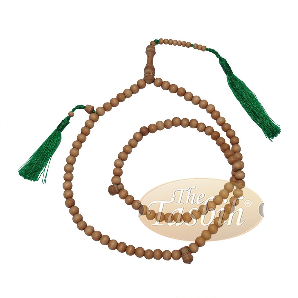 Sandalwood 8 mm Round Beads 99 Count Tasbih For Zikr Prayer Green Tassels