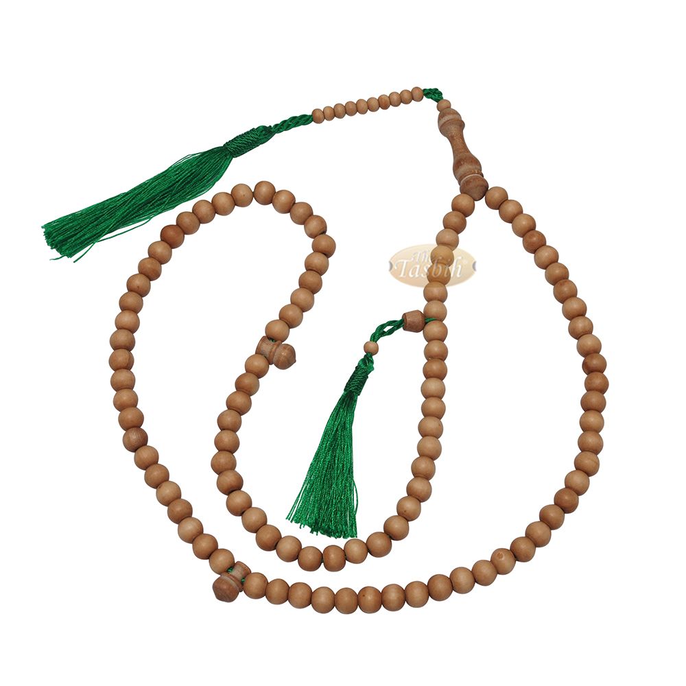 Sandalwood 8 mm Round Beads 99 Count Tasbih For Zikr Prayer Green Tassels