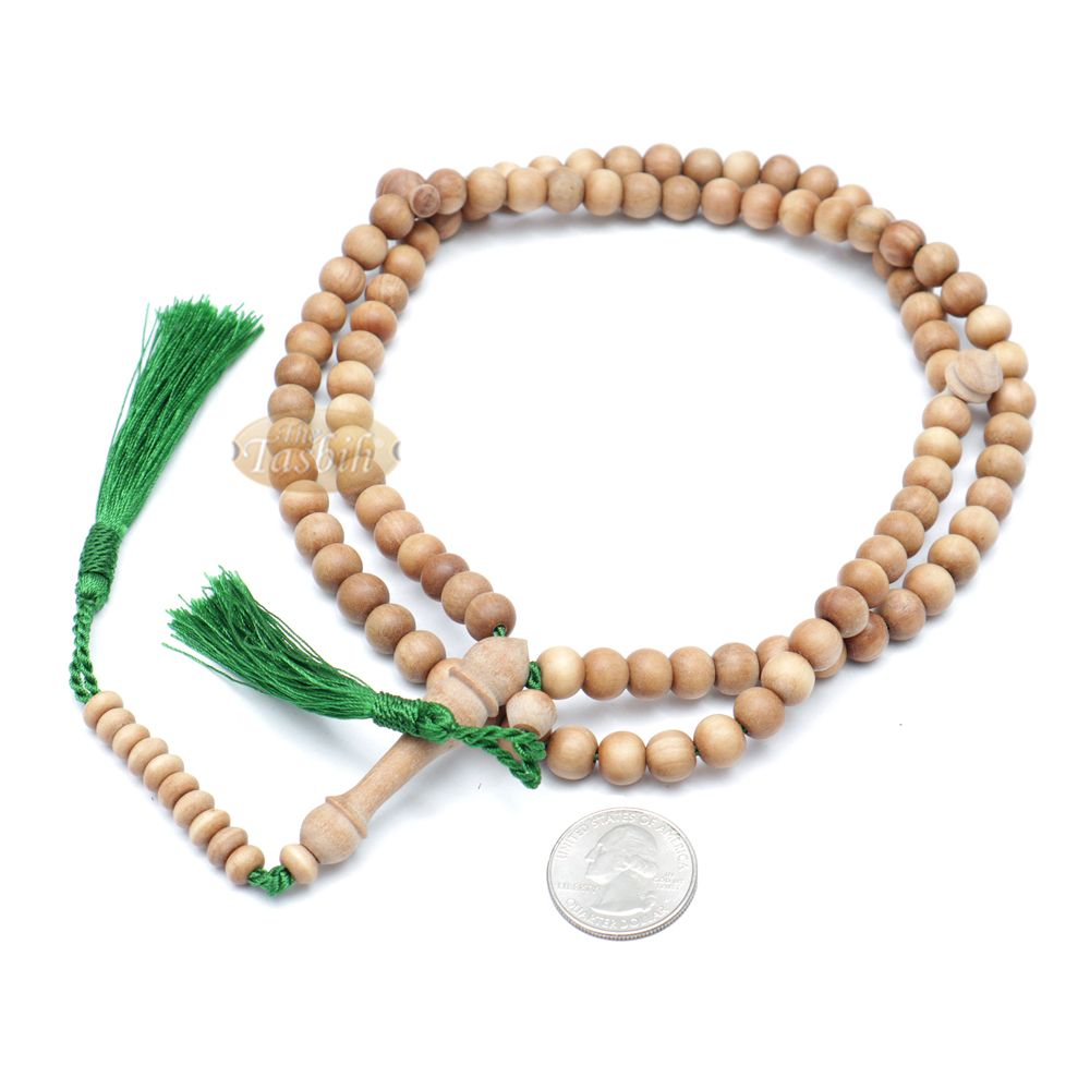 Sandalwood 8 mm Round Beads 99 Count Tasbih For Zikr Prayer Green Tassels
