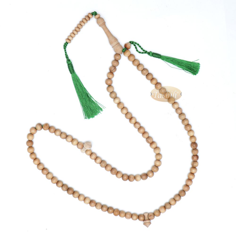 Sandalwood 8 mm Round Beads 99 Count Tasbih For Zikr Prayer Green Tassels