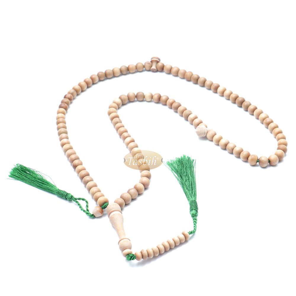 Sandalwood 8 mm Round Beads 99 Count Tasbih For Zikr Prayer Green Tassels
