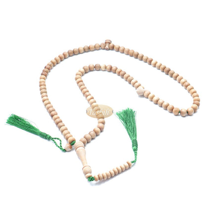 Sandalwood 8 mm Round Beads 99 Count Tasbih For Zikr Prayer Green Tassels