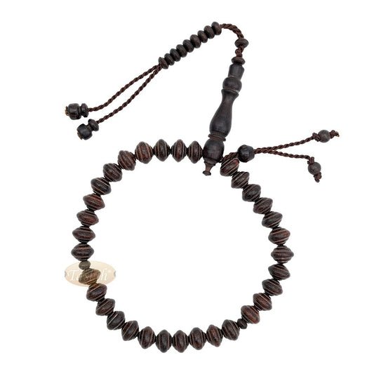 8×11 mm Tamarind Wood Misbaha – Handcrafted 33-bead Muslim Contoured Saucer Prayer Beads Tasbih – Genuine Dark Brown Islamic Rosary in Gift Box