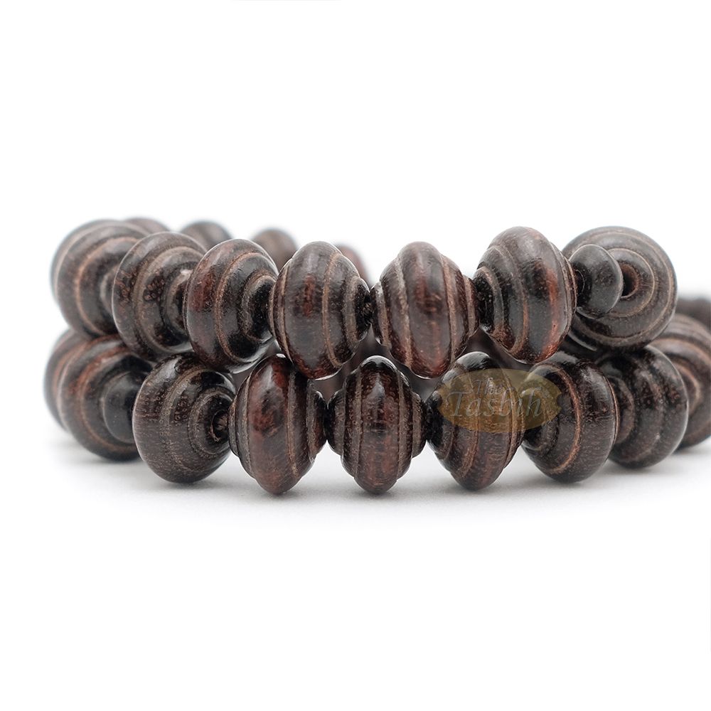 8×11 mm Tamarind Wood Misbaha – Handcrafted 33-bead Muslim Contoured Saucer Prayer Beads Tasbih – Genuine Dark Brown Islamic Rosary in Gift Box