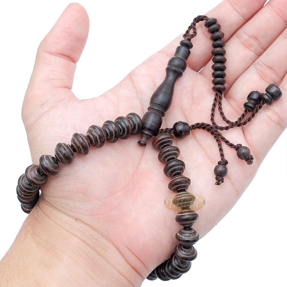 8×11 mm Tamarind Wood Misbaha – Handcrafted 33-bead Muslim Contoured Saucer Prayer Beads Tasbih – Genuine Dark Brown Islamic Rosary in Gift Box