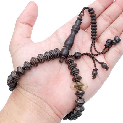 8×11 mm Tamarind Wood Misbaha – Handcrafted 33-bead Muslim Contoured Saucer Prayer Beads Tasbih – Genuine Dark Brown Islamic Rosary in Gift Box