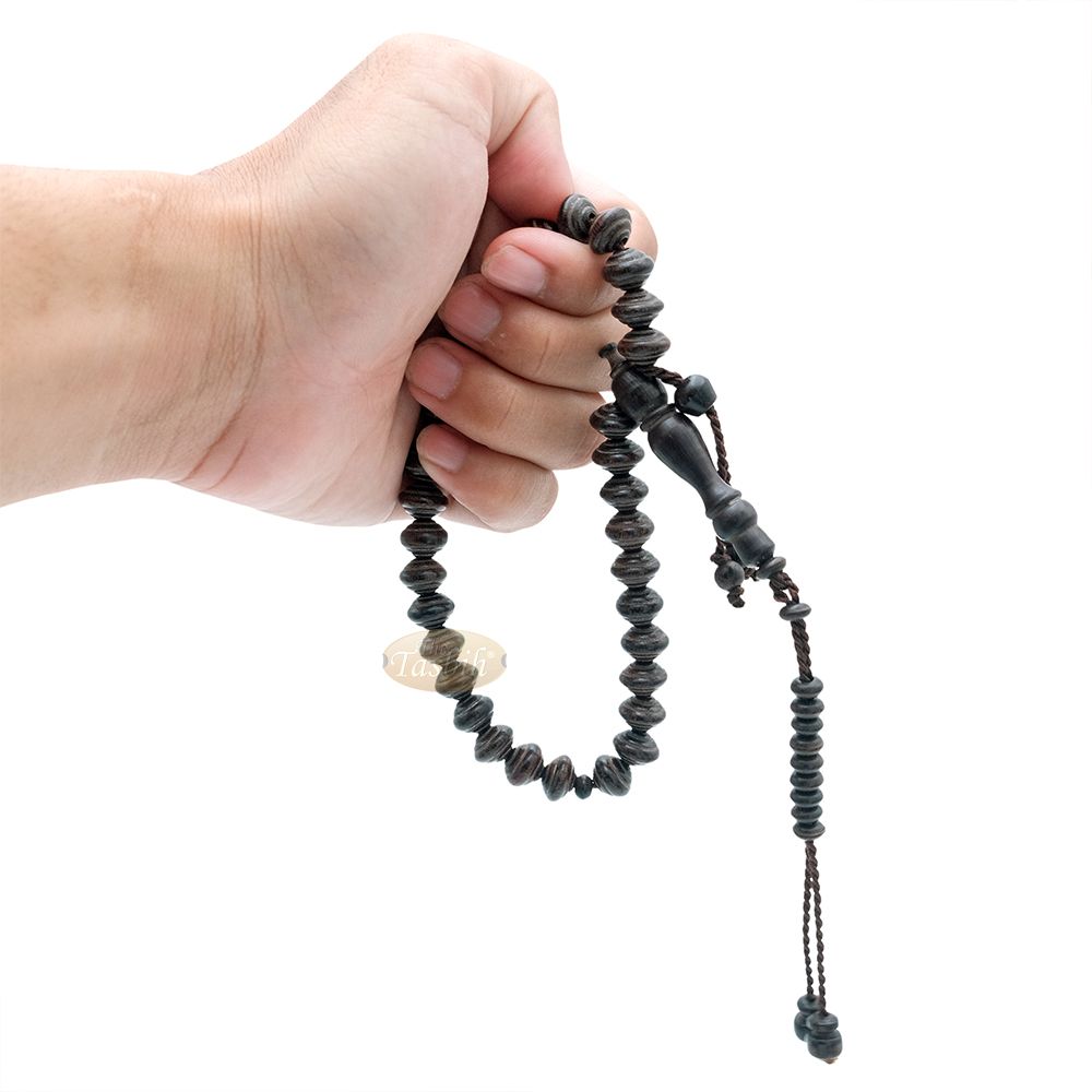 8×11 mm Tamarind Wood Misbaha – Handcrafted 33-bead Muslim Contoured Saucer Prayer Beads Tasbih – Genuine Dark Brown Islamic Rosary in Gift Box