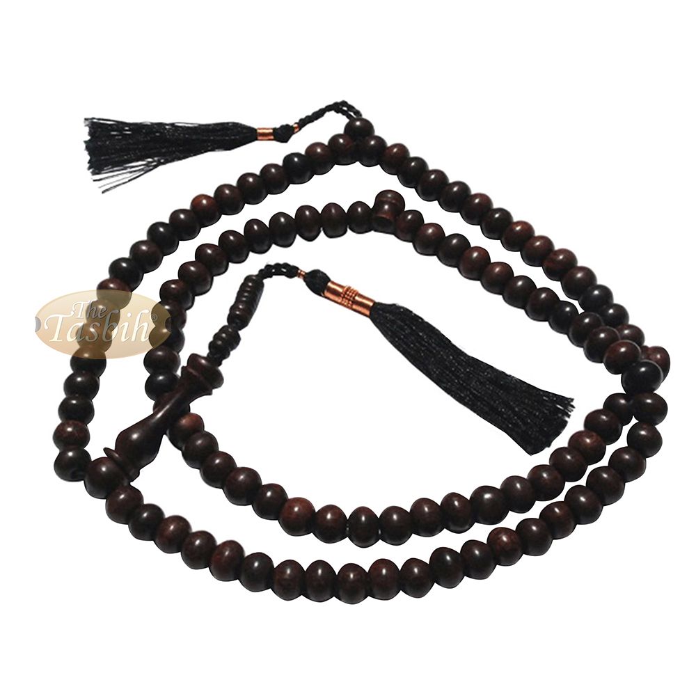 Natural Tamarind Wood Tasbih Prayer Beads 8 mm 99-Bead with Copper Decorated Black Tassels