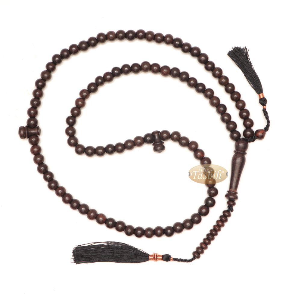 Natural Tamarind Wood Tasbih Prayer Beads 8 mm 99-Bead with Copper Decorated Black Tassels