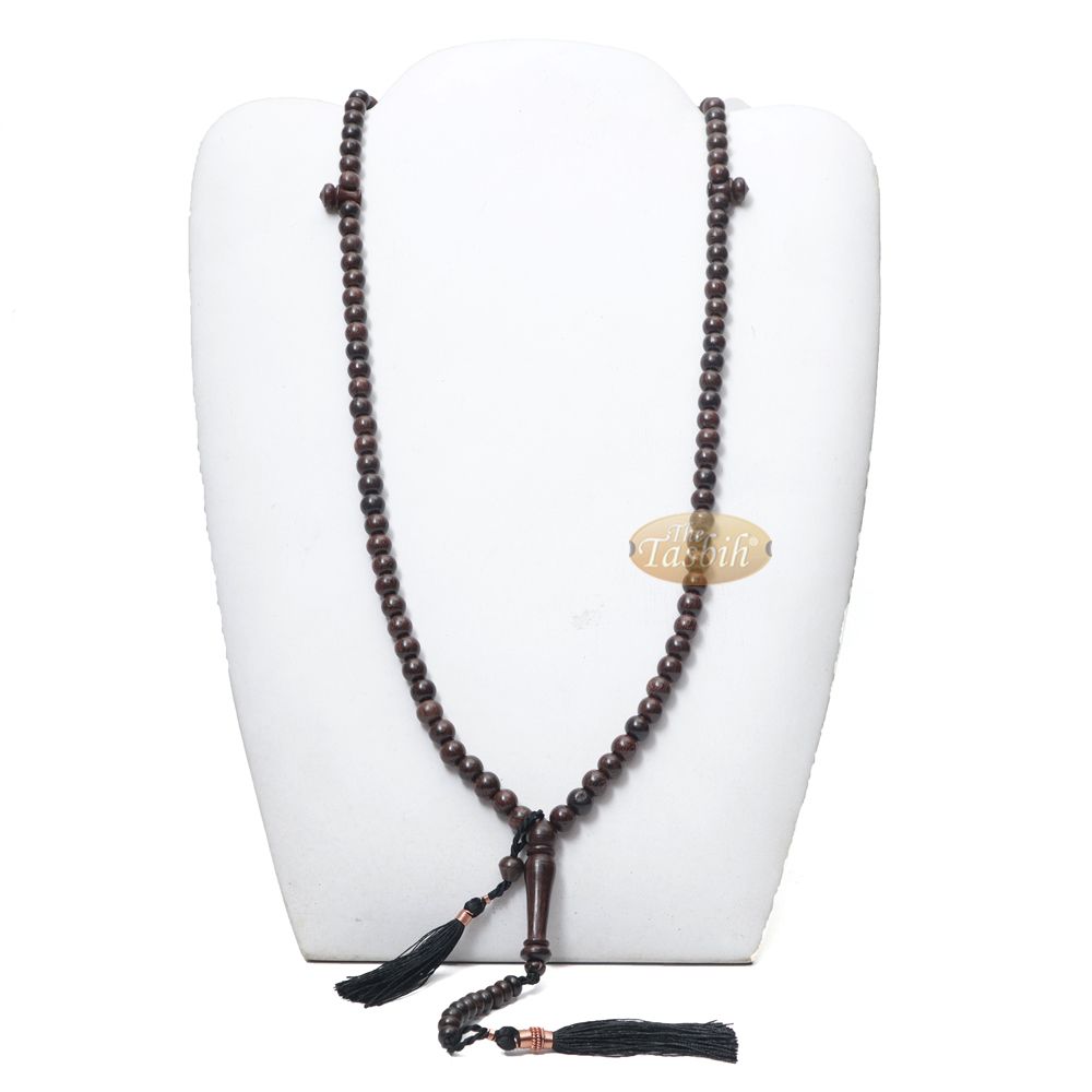 Natural Tamarind Wood Tasbih Prayer Beads 8 mm 99-Bead with Copper Decorated Black Tassels
