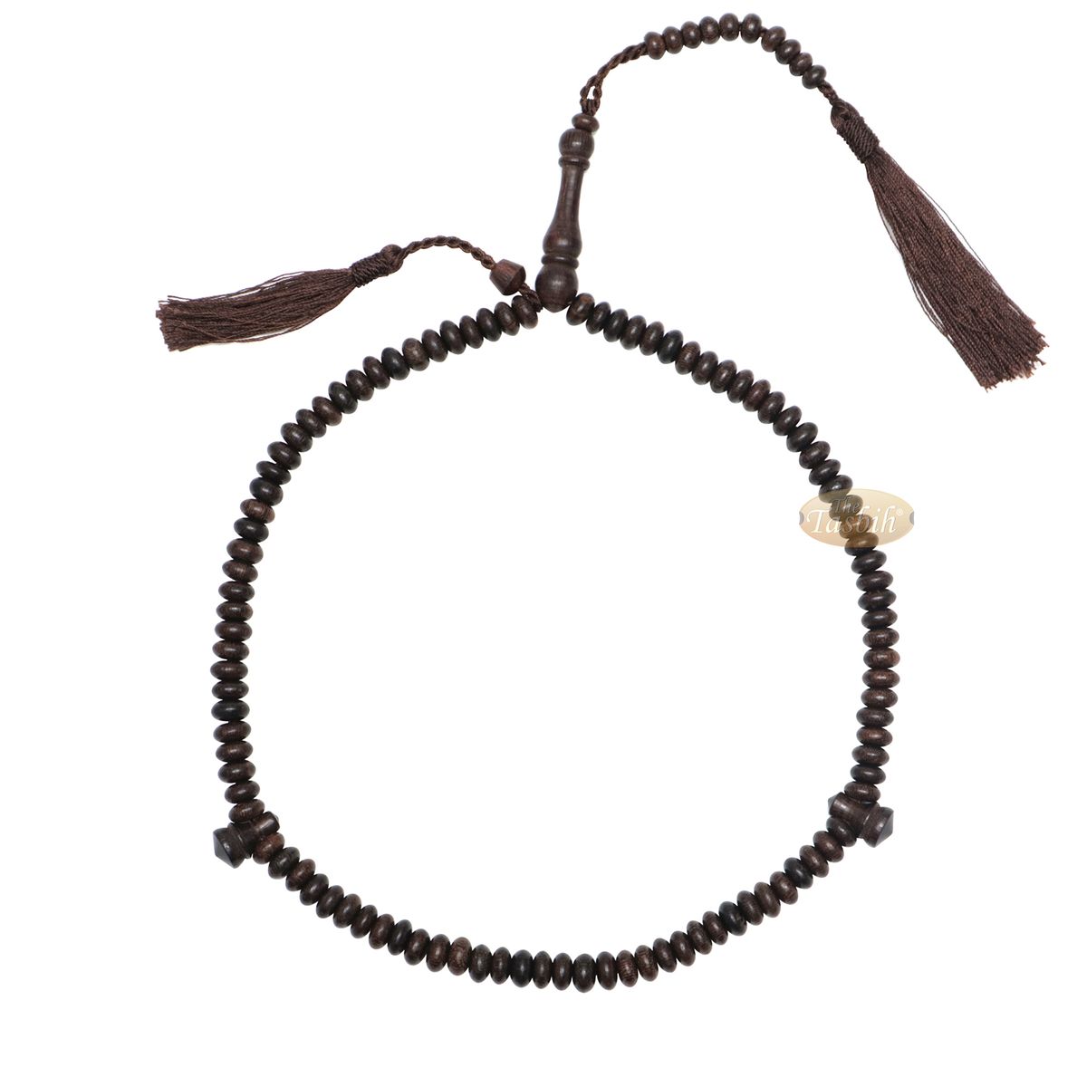 Prayer Beads – 9×4 mm 99-Bead Flat Oval Tamarind Tasbih Dark Brown Tassels and 10-Bead Counter